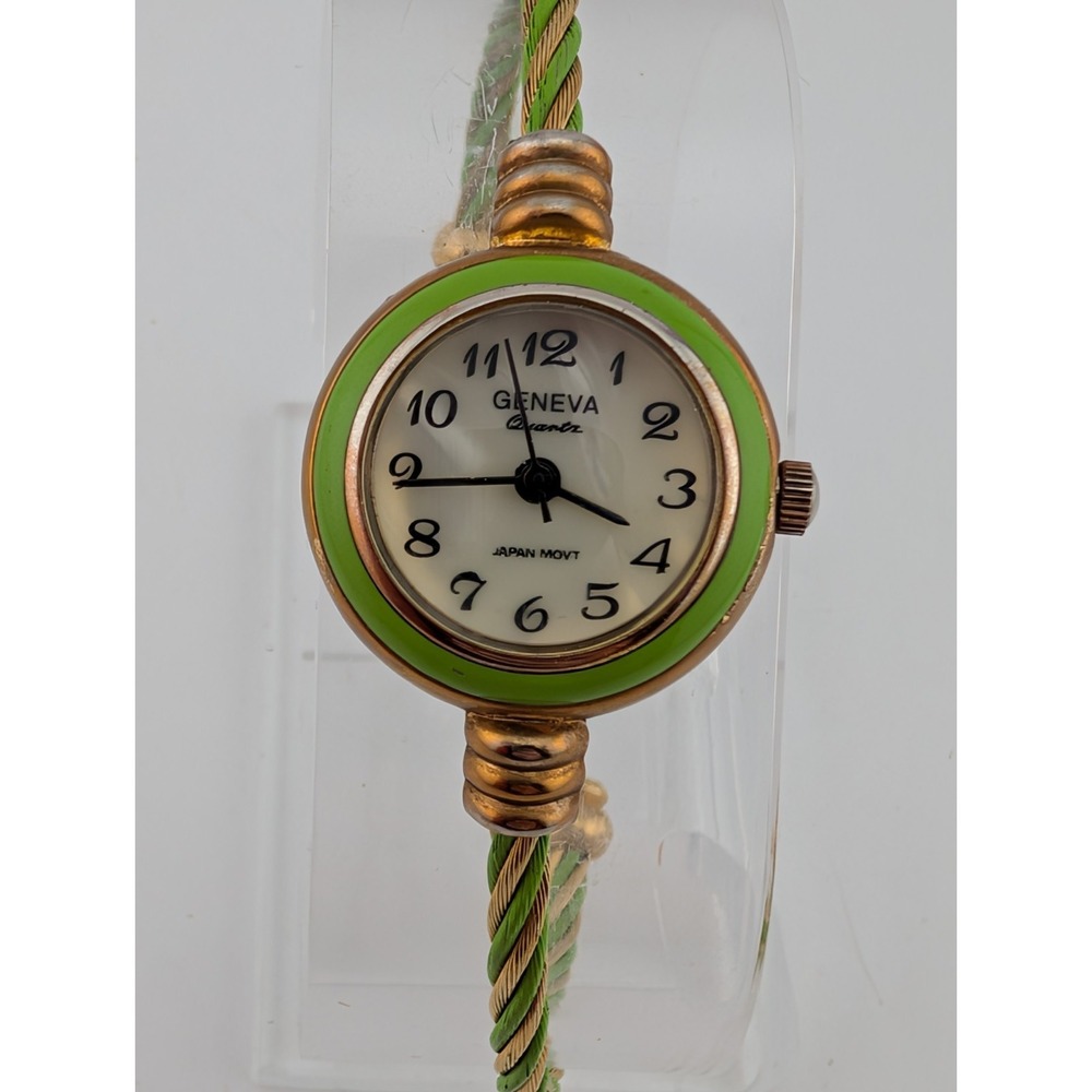 Geneva Watch Women Green 23mm Case Cable Wire Bangle Band- New Battery